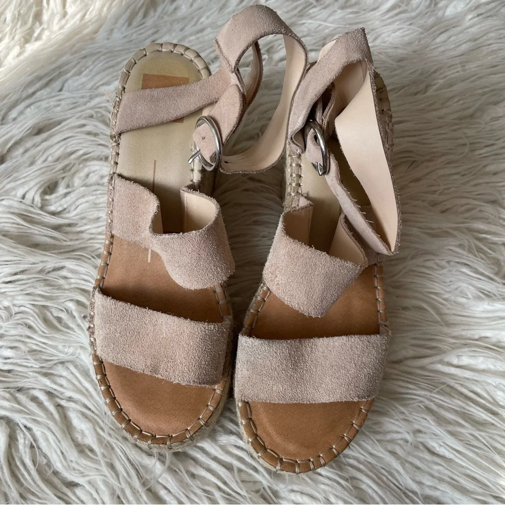 Dolce Vita Beige Shae Suede Espadrille Platform Wedge Heel Strappy Sandal EUC 9